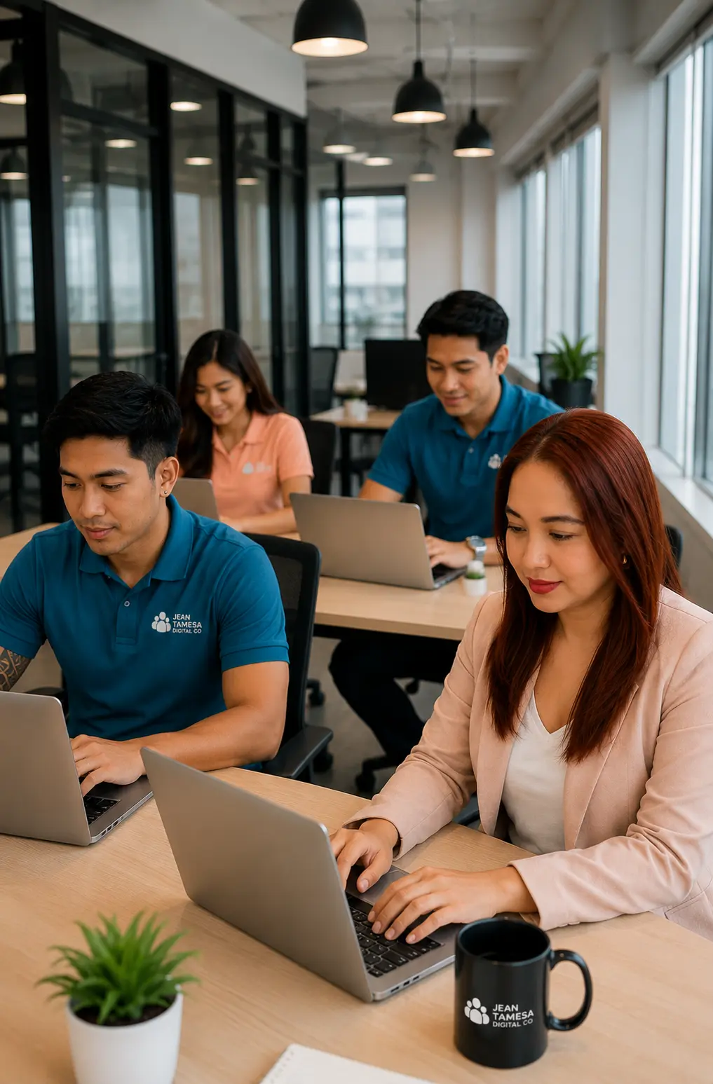Jean Tamesa Digital Co. specialists working together in a bright modern office.