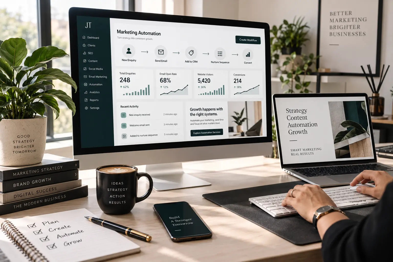 Marketing automation workspace showing lead nurturing and conversion workflow.