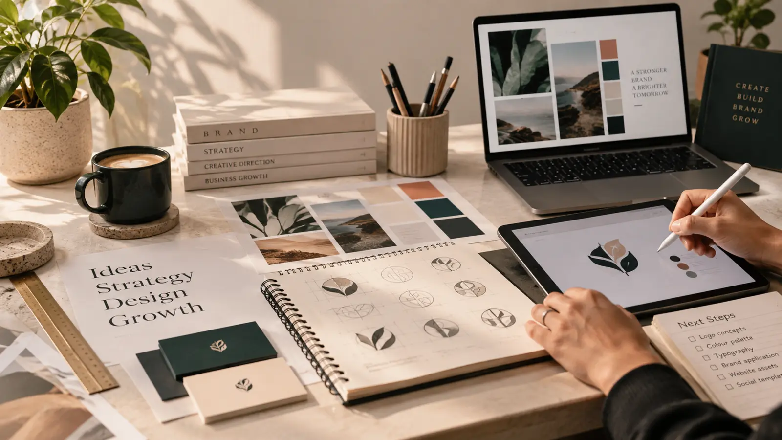Brand design workspace with logo sketches, colour palettes, typography and tablet.