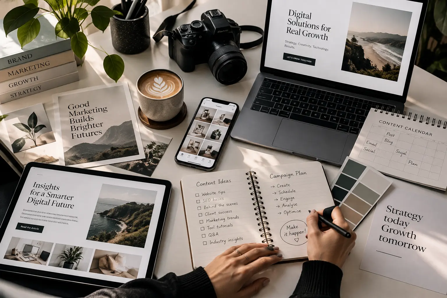 Content marketing workspace with campaign planner, social media device and editorial calendar.