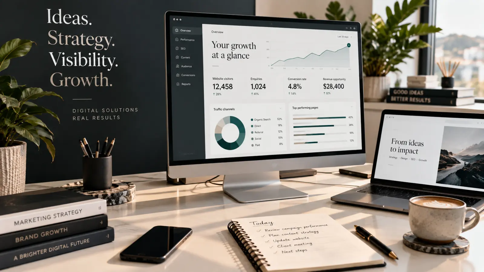 Digital marketing strategy workspace with analytics dashboard and planning notebook.