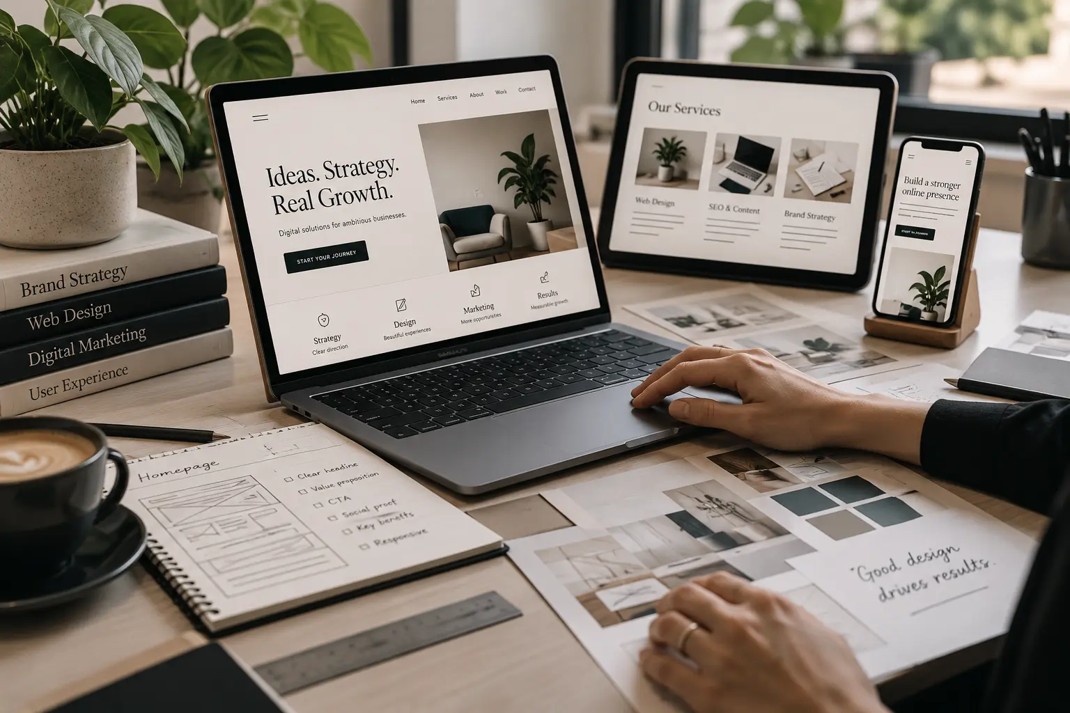 Responsive website design workspace showing desktop, tablet and mobile layouts.