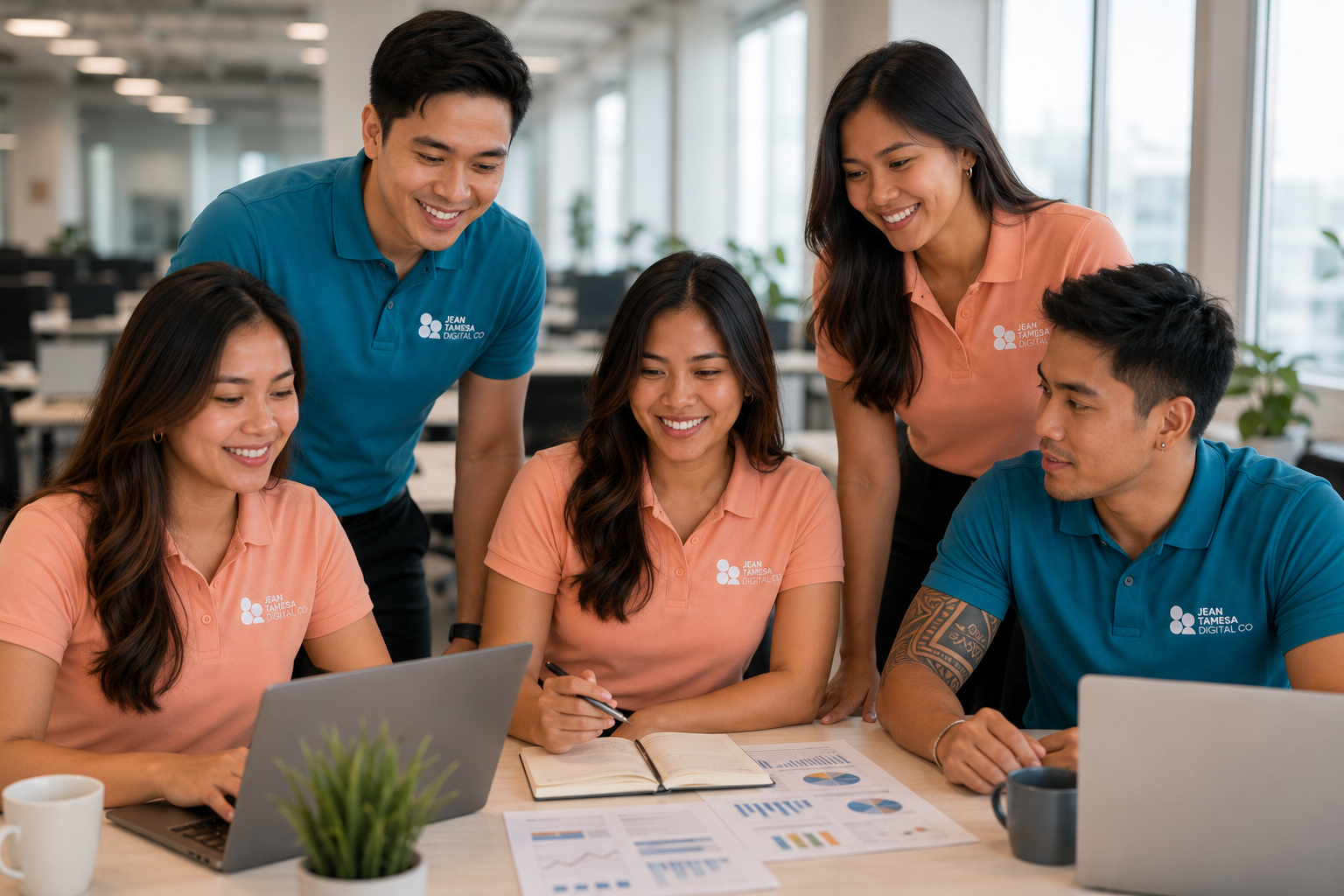 Team in teal and coral Jean Tamesa Digital Co shirts reviewing a marketing plan
